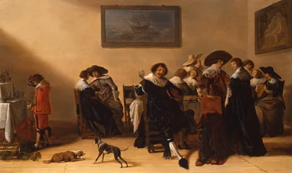 Un grupo alegre en un interior, comiendo y bebiendo
